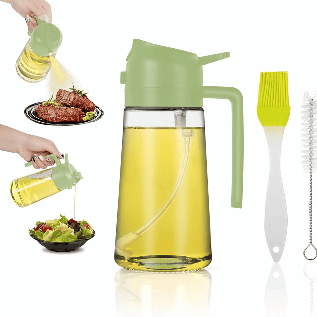 2-in-1 Oil Spray & Pour Dispenser Bottle – 470ml | Olive Oil Sprayer for Cooking with Brush & Cleaning Tool
